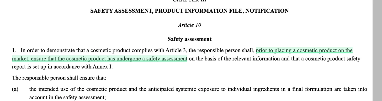 Article 10 of Regulation 1223/2009 on EUR-Lex with the safety assessment requirement highlighted