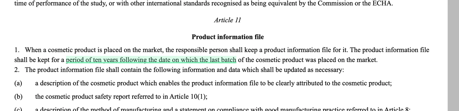 Article 11 of Regulation 1223/2009 on EUR-Lex with the ten-year retention rule highlighted
