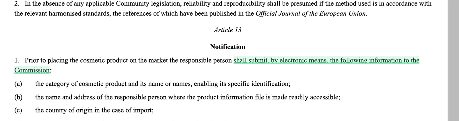 Article 13 of Regulation 1223/2009 on EUR-Lex with the electronic notification requirement highlighted