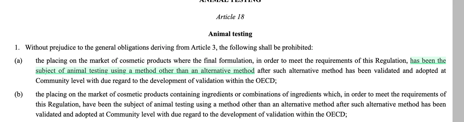 Article 18 of Regulation 1223/2009 on EUR-Lex with the animal testing marketing ban highlighted