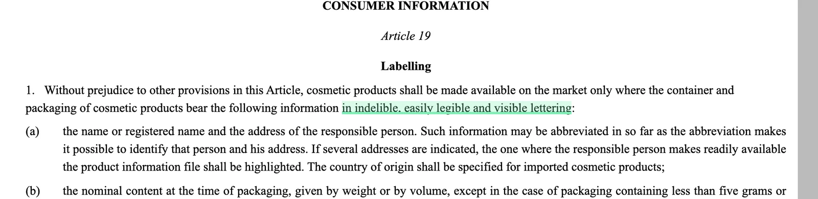 Article 19 of Regulation 1223/2009 on EUR-Lex with the lettering requirement highlighted