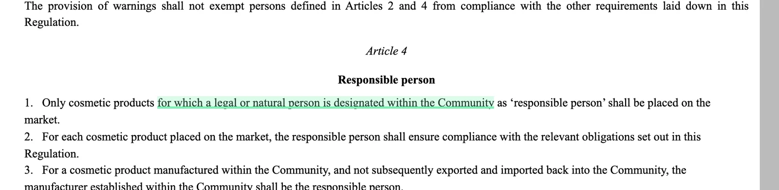 Article 4 of Regulation 1223/2009 on EUR-Lex with the responsible person requirement highlighted