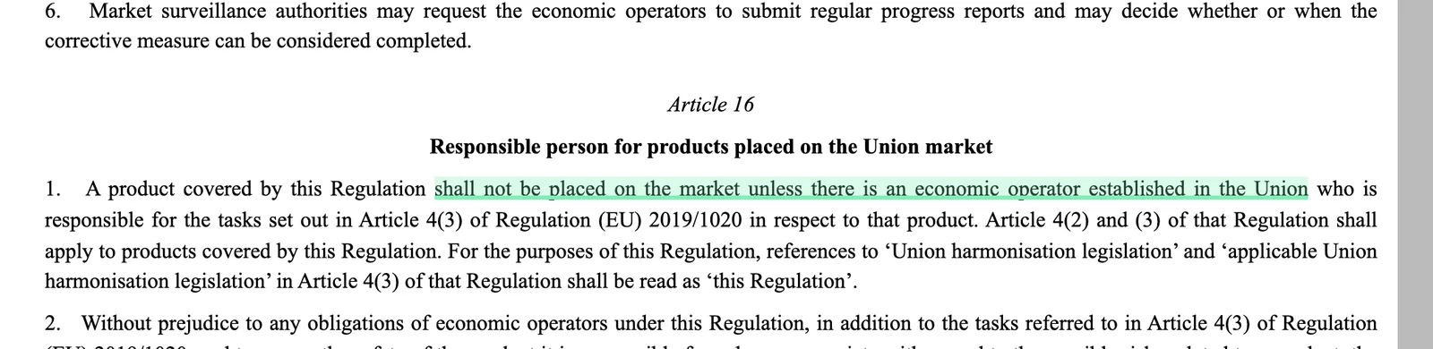 Article 16 of the GPSR on EUR-Lex with the EU economic operator requirement highlighted