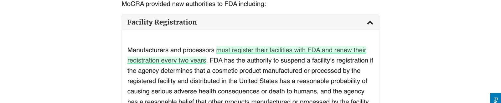 The FDA registration and listing page with the biennial facility registration requirement highlighted