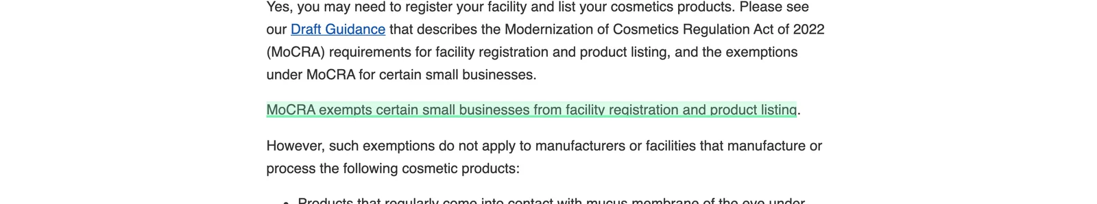 The FDA small businesses fact sheet with the MoCRA small-business exemption highlighted