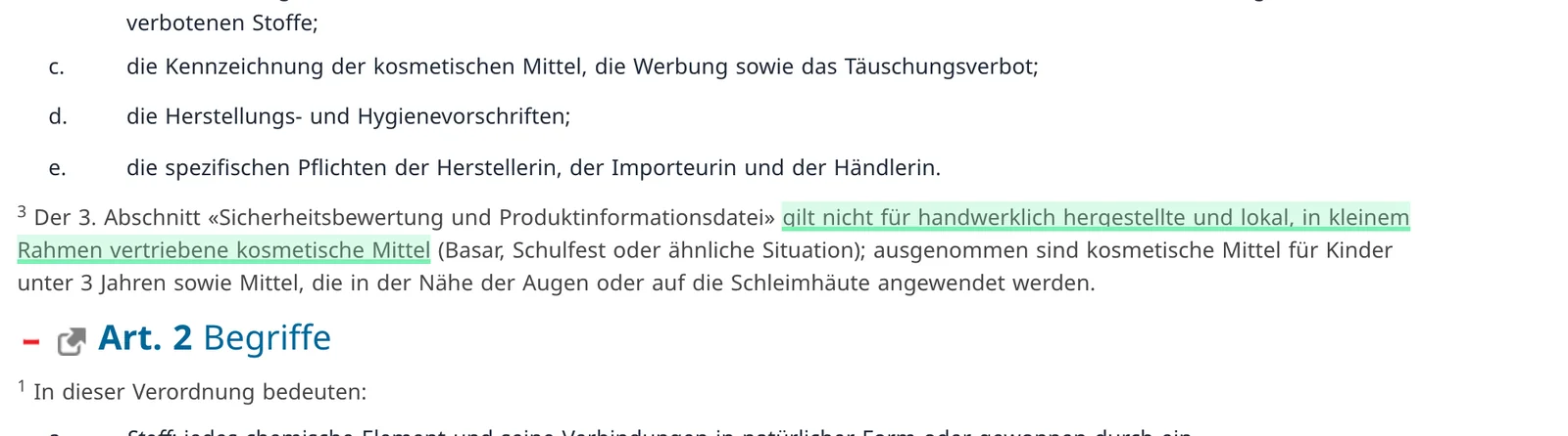 The Swiss Cosmetics Ordinance on Fedlex with the craft and bazaar exception highlighted