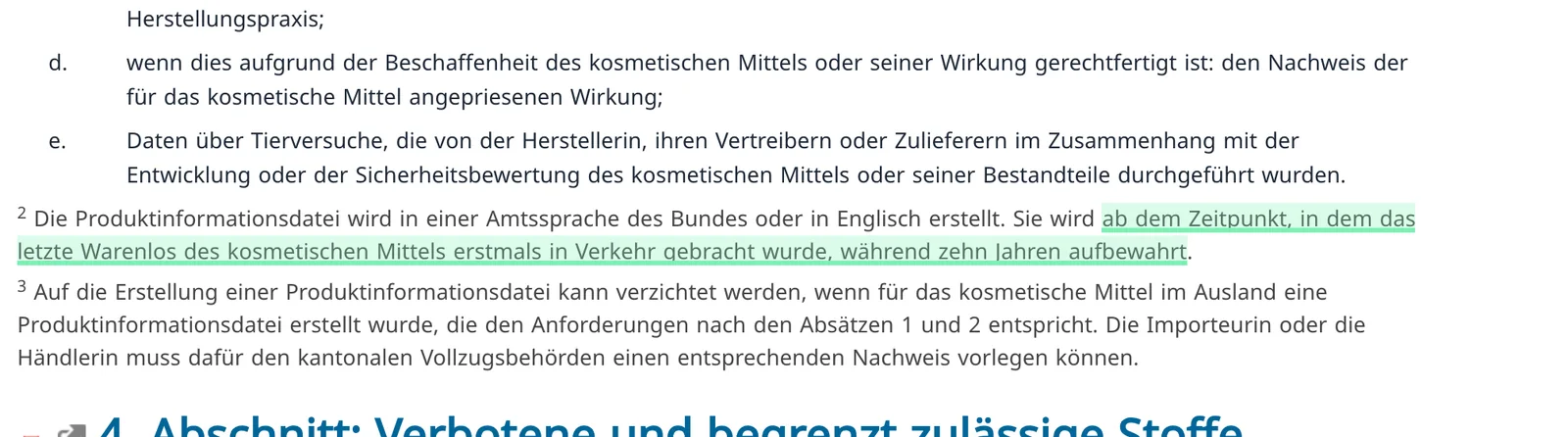 The Swiss Cosmetics Ordinance on Fedlex with the ten-year Produktinformationsdatei retention rule highlighted