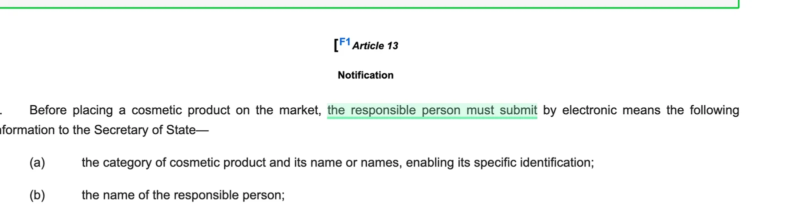 The retained UK Cosmetics Regulation Article 13 on legislation.gov.uk with the GB notification duty highlighted