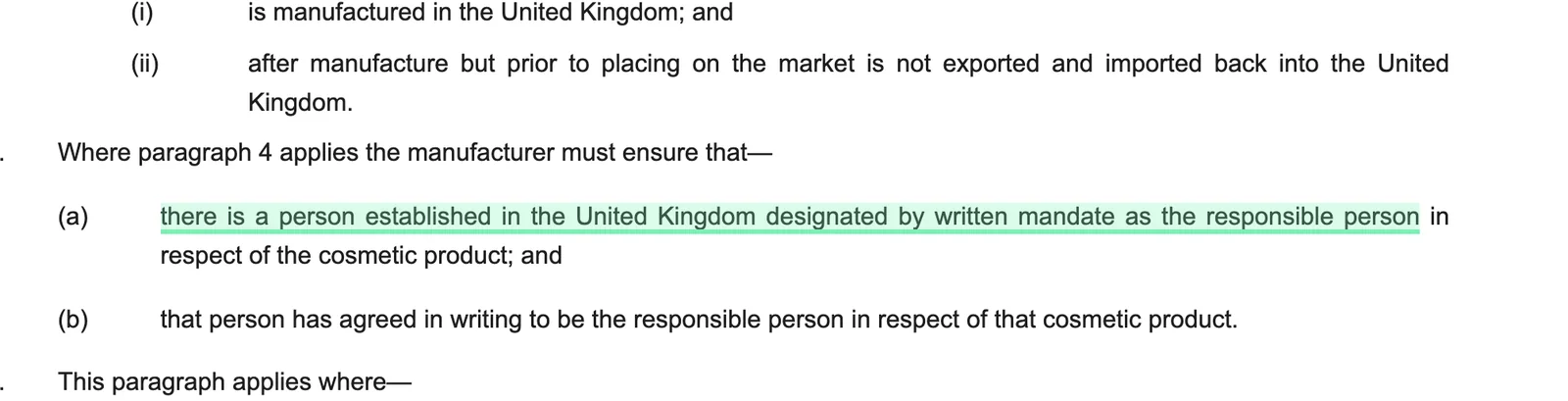 The retained UK Cosmetics Regulation on legislation.gov.uk with the UK responsible person mandate requirement highlighted
