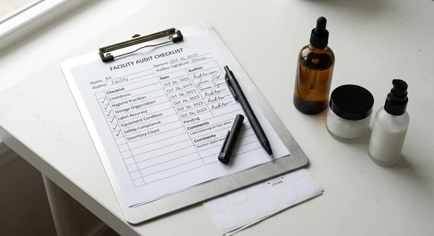 Audit checklist on a clipboard beside products