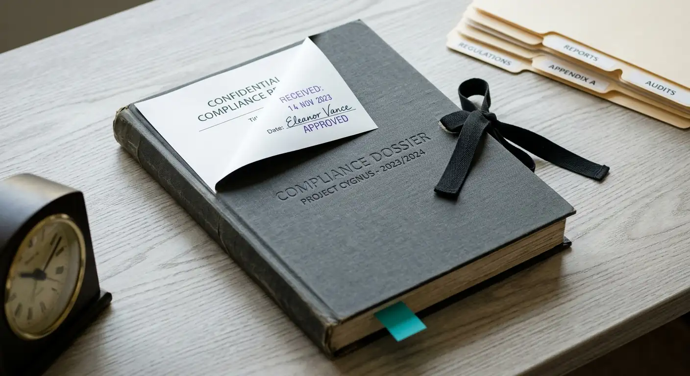 A signed compliance dossier on a desk