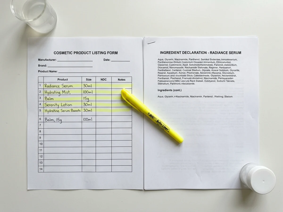 Open regulatory guide beside a cosmetic product