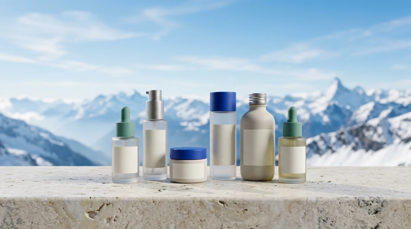 Swiss market scene, brand products with an Alpine backdrop