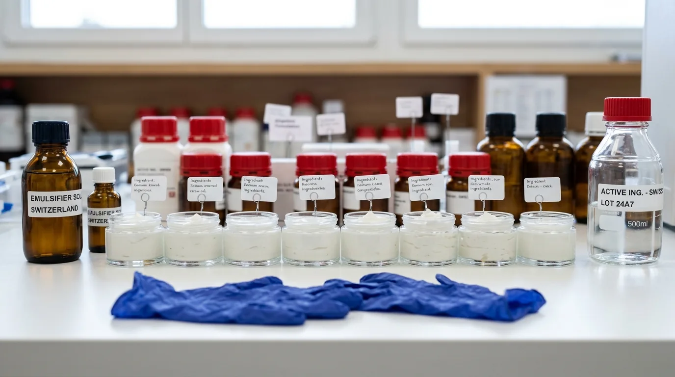 Contract lab bench with product samples and INCI labels