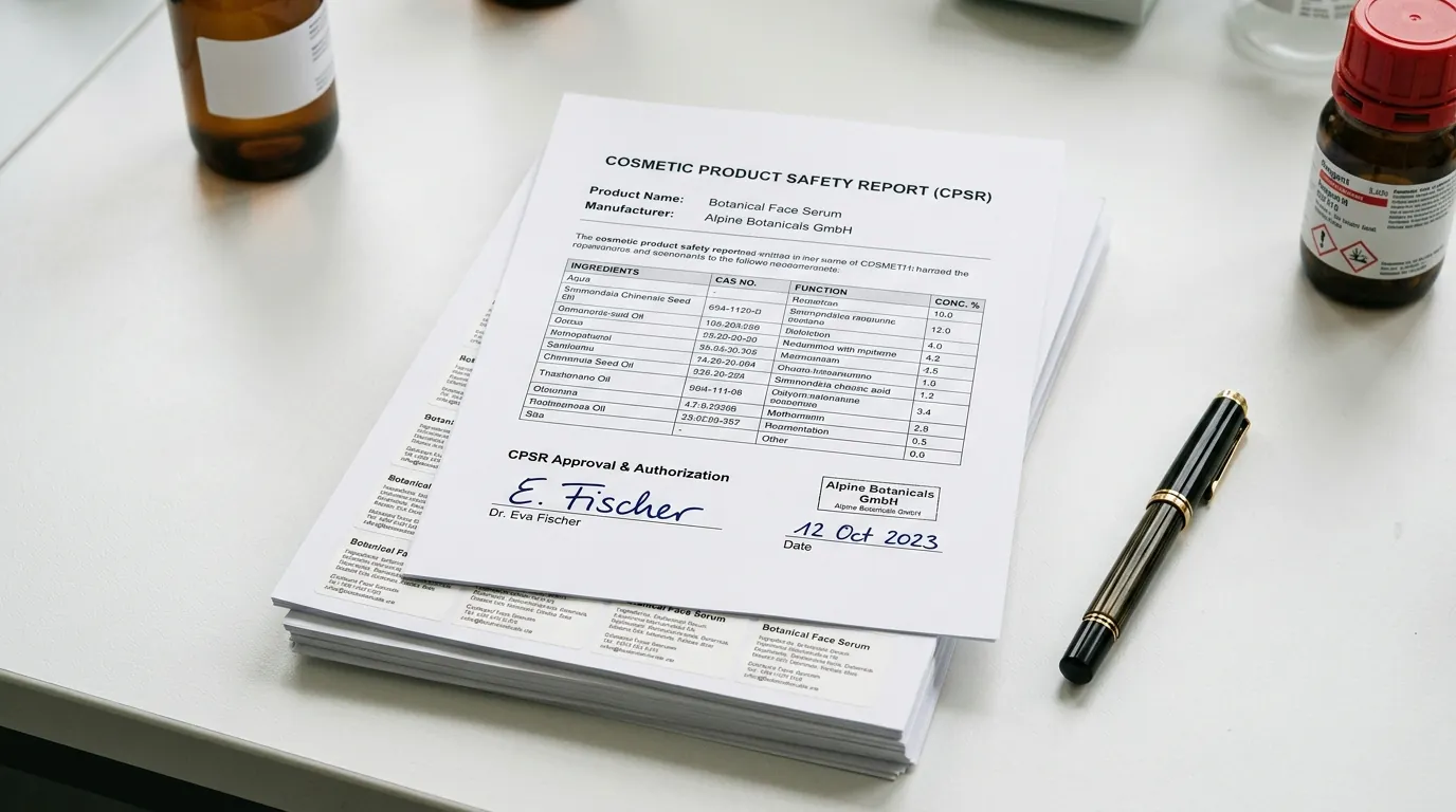 Desk with a signed safety report and product file