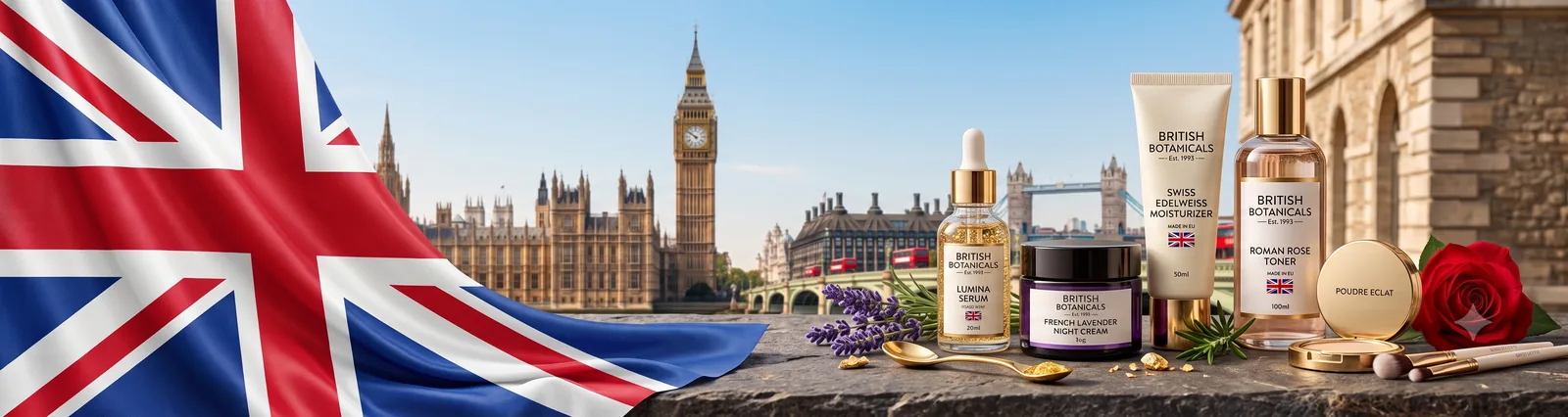 Cosmetics on a UK high street shelf, market banner