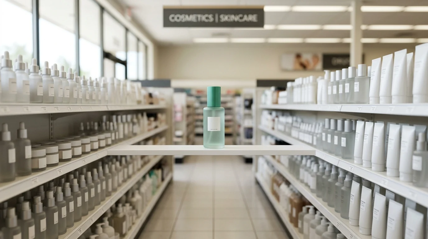 Cosmetics on a US retail shelf, guide banner